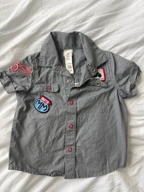 Disney Gray Short-Sleeve Button-Down Shirt Patches cars moto Mickey baby